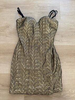 bebe Gold Lace Strapless Mini Dress with Black Straps